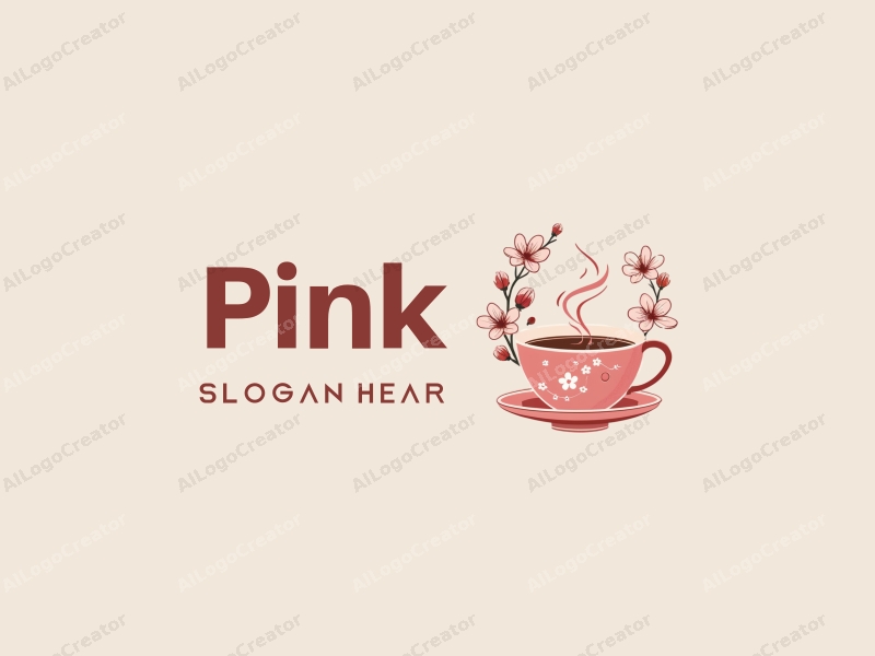 minimalist design features delicate cherry blossoms and petals surrounding a stylized teacup, combined with a clean background.