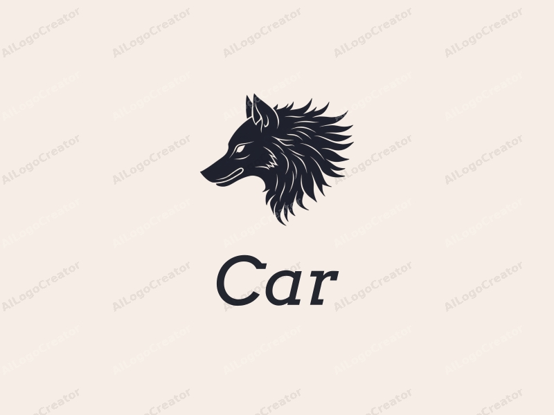 modern design features a sleek car silhouette integrated with a stylized wolf head, incorporating steel elements, set against a clean background.