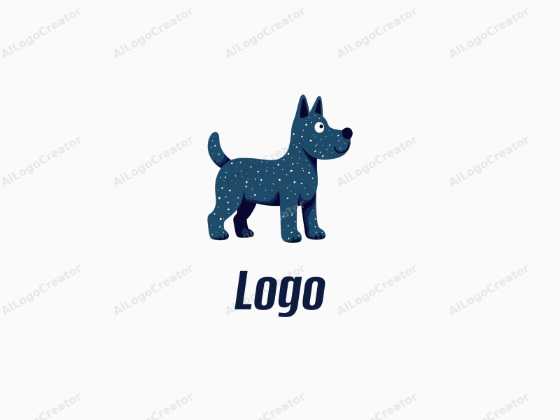 a modern design featuring a stylized dog in a doodle style, incorporating blue and black colors, with a clean and simple composition.