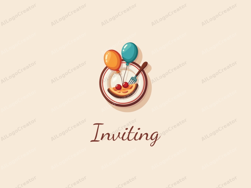 playful design features a stylized plate and colorful balloons, combined with inviting elements and warm tones, set against a clean background.