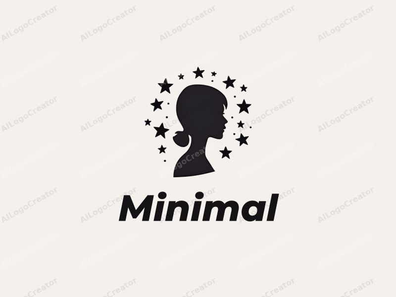 a minimalist design featuring a stylized girl silhouette surrounded by stars, using a tag style approach with a clean background in white, black, and gray colors.