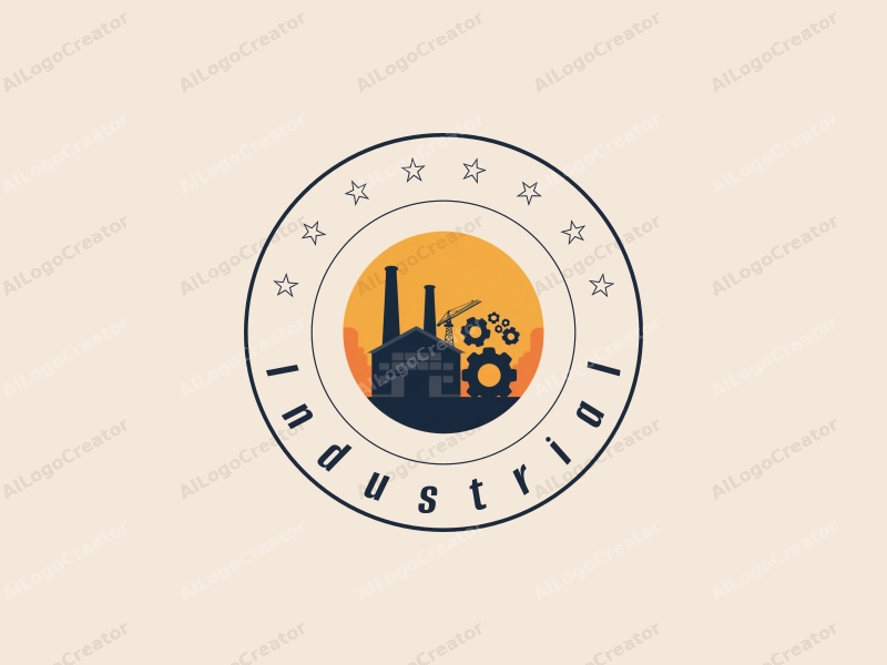 modern design features a stylized factory silhouette, interlocking gears, and a crane, combined with a clean background.