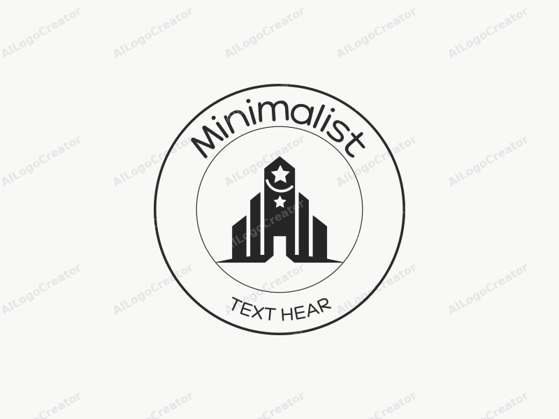 a modern minimalist design featuring a stylized corporate office silhouette, a smile symbol integrated into the structure, and elements representing responsibility, all combined with a clean black and white background.