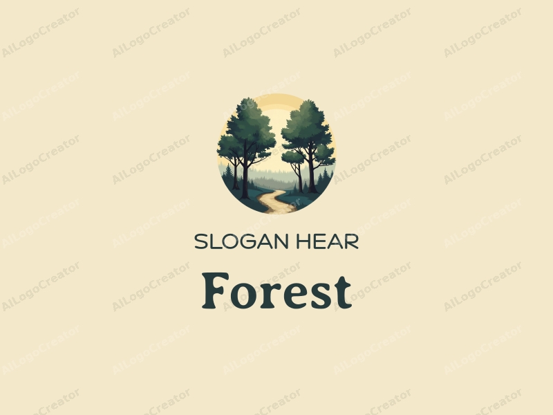 vintage design features a serene forest scene with tall trees, a lush tree canopy, and a winding pathway, combined with a clean background.