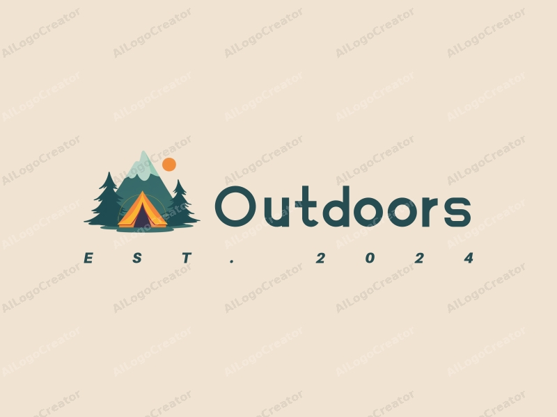 modern design features a stylized camping tent and mountain peak, combined with a clean background and a harmonious composition.