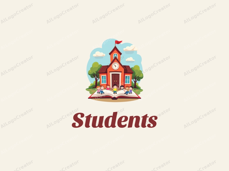 playful design features cheerful students, a stylized school building, open books, and a classroom setting combined with a vibrant and colorful background.