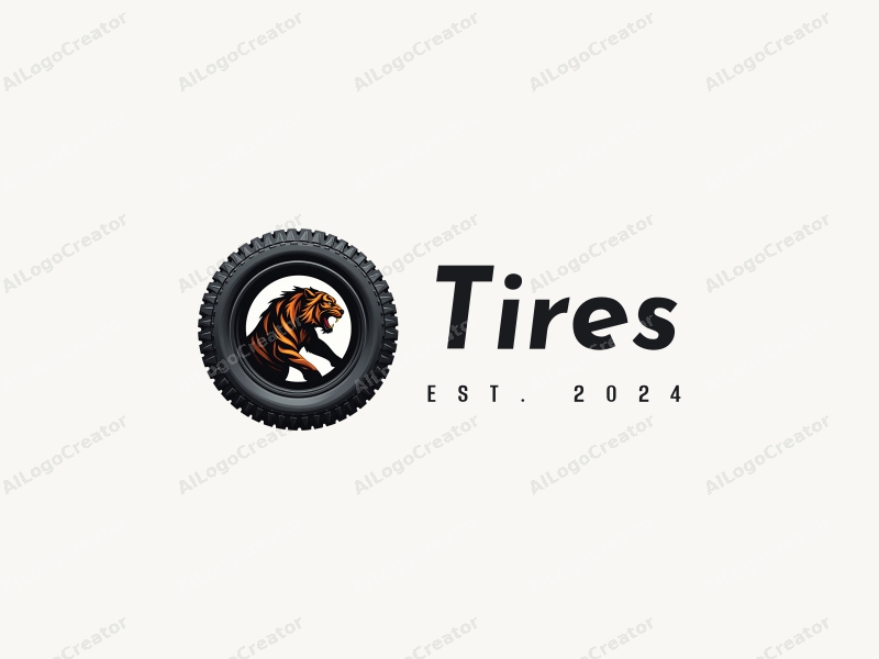 a modern design featuring a stylized tire intertwined with a dynamic tiger silhouette, emphasizing movement and energy, combined with a clean background.