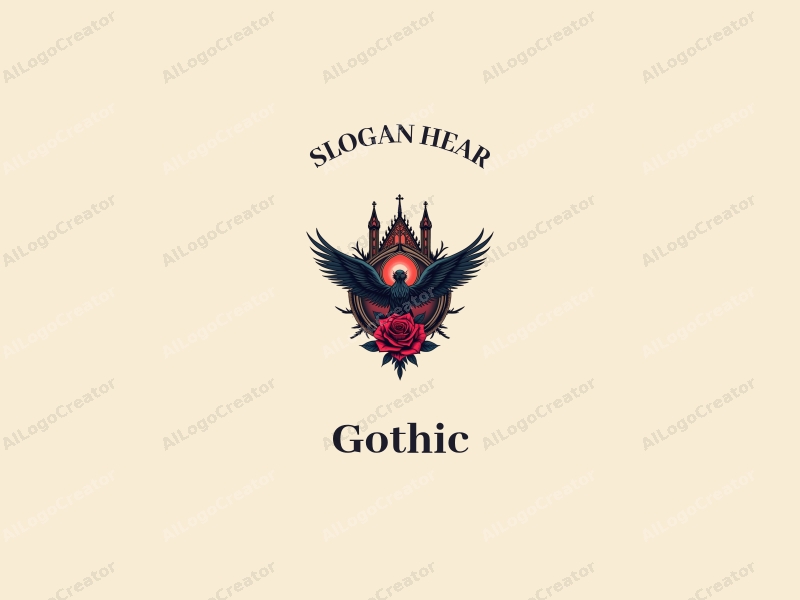 Gothic design features intricate Gothic architecture, a stylized flying angel, and a black rose, combined with a clean background and deep red accents.