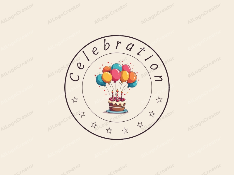 playful design features colorful balloons and a stylized cake, combined with a festive atmosphere and a clean background.