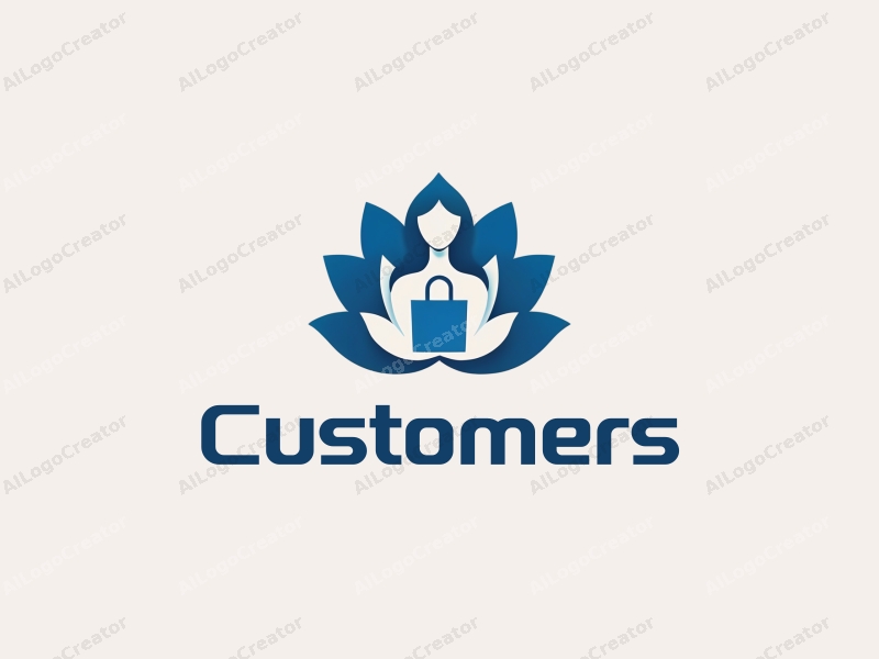 a modern design featuring a stylized customer and shopper intertwined with a lotus flower and goddess figure, using a clean and harmonious composition with a blue color palette.