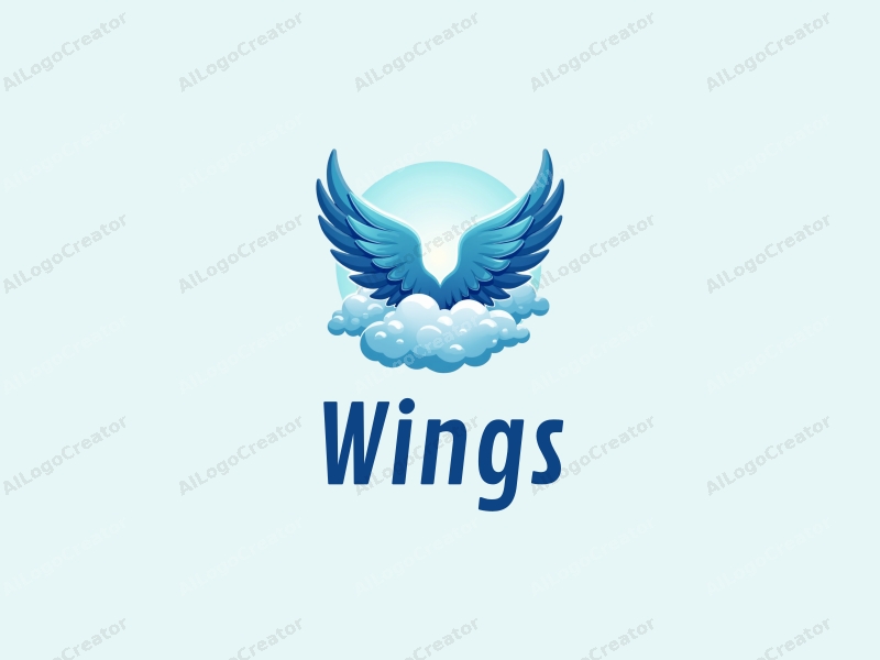 playful design features stylized wings soaring through fluffy clouds, with a vibrant blue color palette, creating a sense of freedom and creativity combined with a clean background.