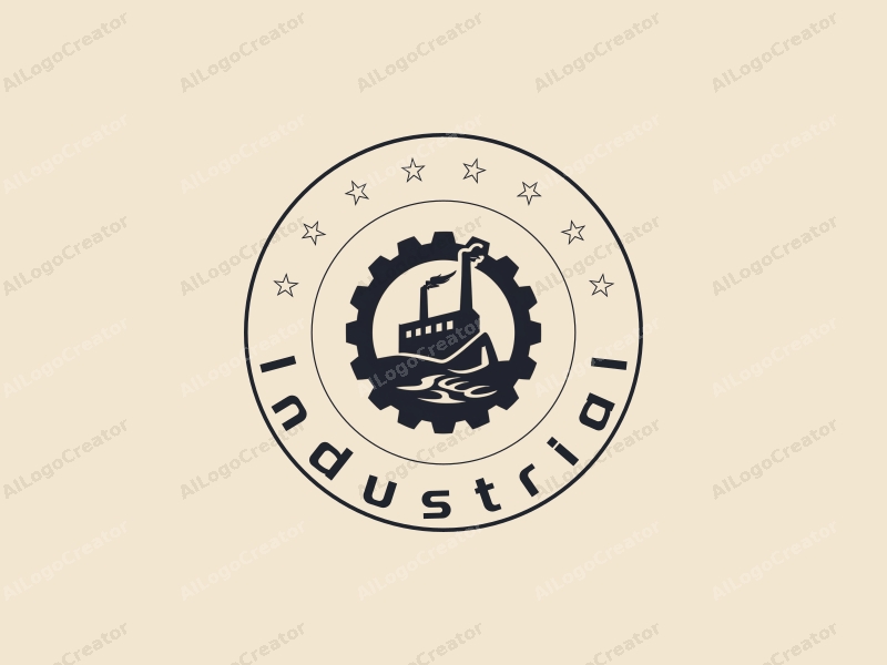 modern design features a stylized factory silhouette, interlocking gears, and welding elements combined with a clean background.