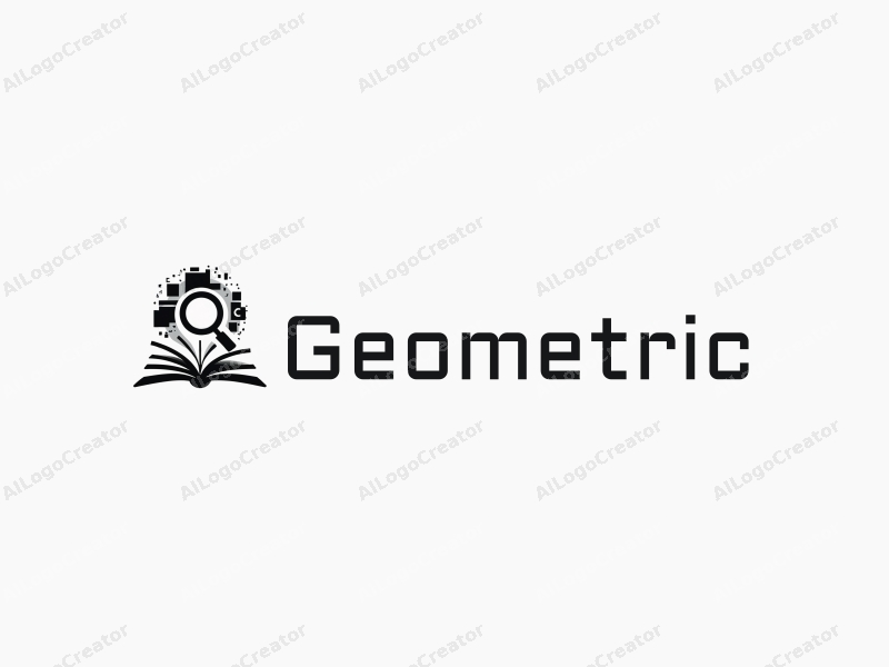 geometric design features a combination of squares and circles, a stylized magnifying glass and an open book, combined with a clean black and white background.