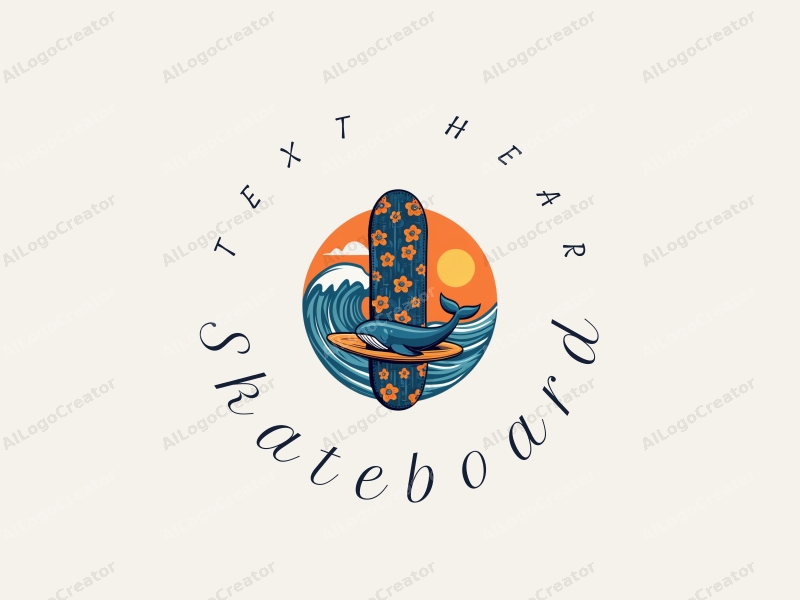 playful design features a vibrant skateboard, a stylized whale, and surfing elements combined with a clean background.