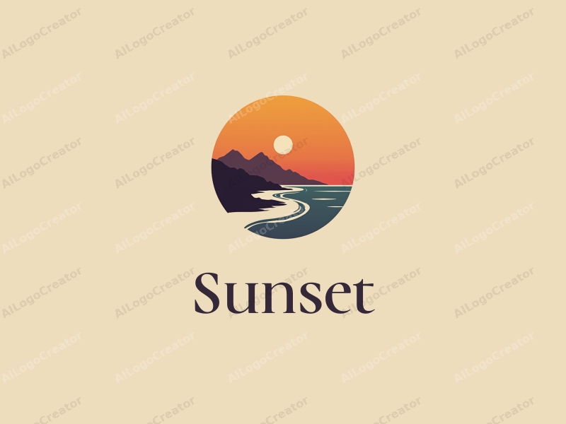 vintage design features a stylized sunset over a serene coastline with mountains in the background, using a harmonious blend of orange and purple colors, combined with a clean and simple layout.