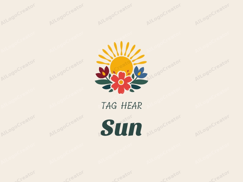 playful design features a stylized sun with rays radiating outward, surrounded by vibrant flowers, combined with a clean background.