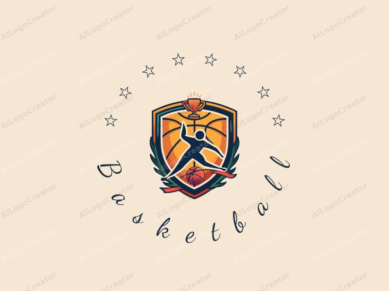 playful design features a stylized basketball, an athlete in motion, and a trophy, combined with a clean background.