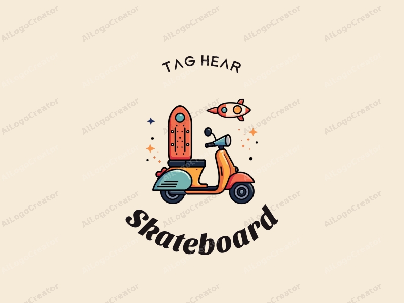 playful design features a vibrant skateboard, a stylized scooter, and a whimsical rocket, combined with a clean background.