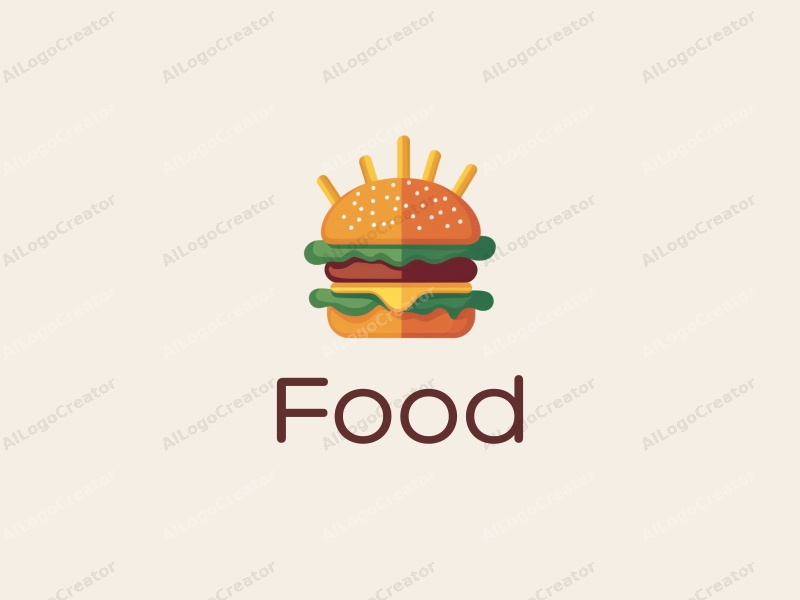 a modern design featuring a stylized burger and fries, with vibrant colors and a clean background, emphasizing the deliciousness of the food in a harmonious and simple composition.