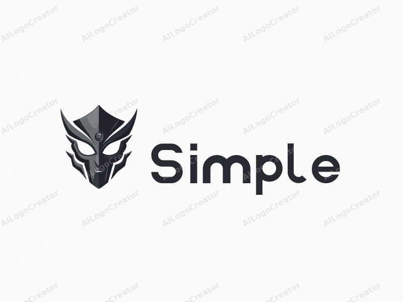 minimalist design features a stylized mask intertwined with gaming elements, utilizing a clean and simple composition against a white and gray background.