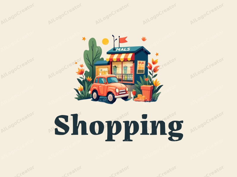 a modern design featuring vibrant shopping elements like a stylized mall, intertwined with colorful flowers and a garden shed, combined with a clean background.