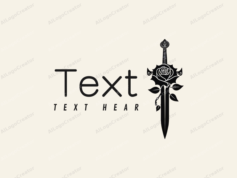 modern design features elegant typography, a stylized rose intertwined with a sword, combined with a clean black background.