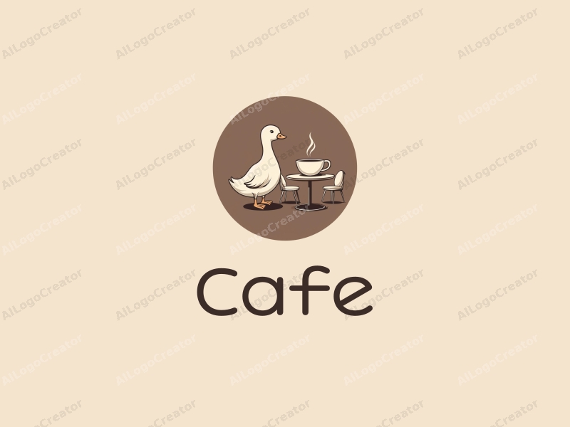 vintage design features a stylized duck next to a coffee cup, surrounded by simple tables and chairs, combined with a clean brown background.