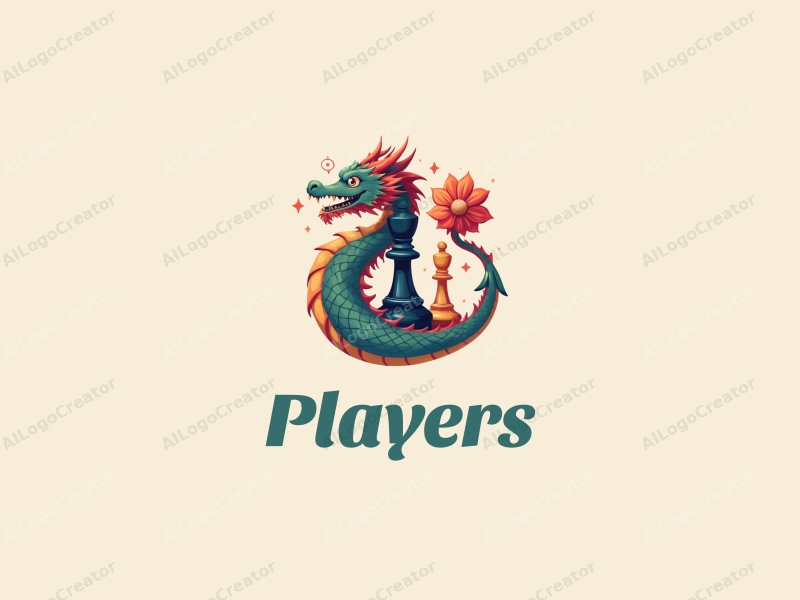 playful design features a vibrant dragon intertwined with a chess piece, alongside a stylized game character, all set against a clean background.