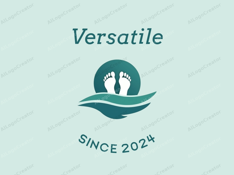 a modern minimalist design featuring human feet and water waves, combined with a multifunctional and adaptable approach, set against a clean blue and green background.