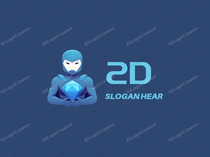 a modern design featuring a stylized hero figure holding a gem, with a clean and flat aesthetic, incorporating blue tones and simple geometric shapes for a harmonious composition.