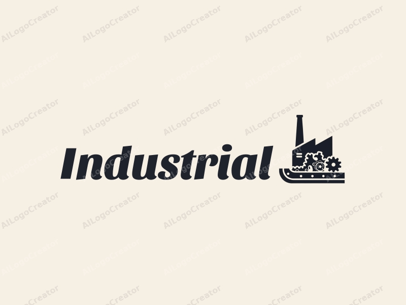 modern design features a stylized factory silhouette, interlocking gears, and a conveyor belt, combined with a clean background.