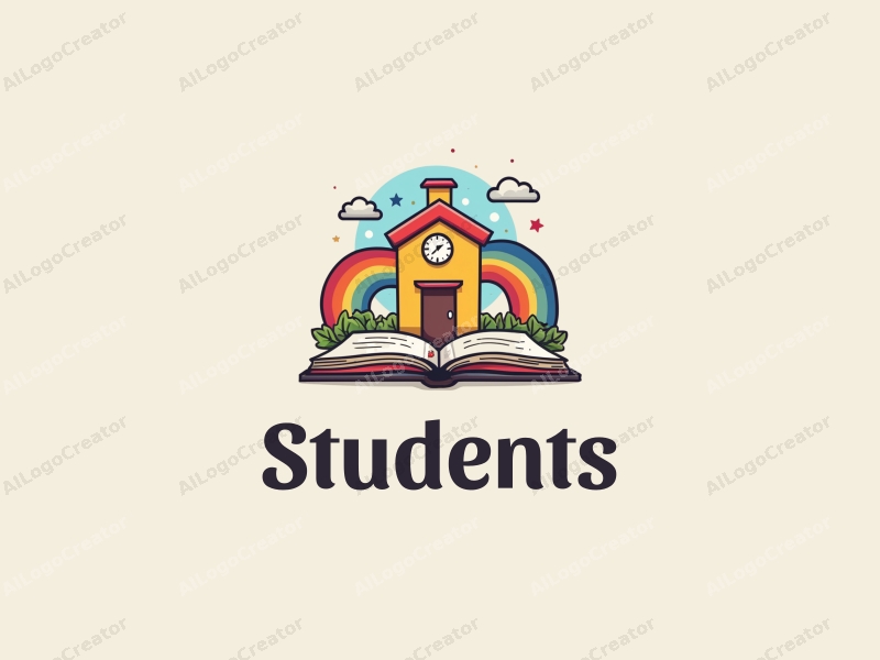 playful design features a cheerful student character, a stylized school building, an open book, and a vibrant rainbow, combined with a clean background.