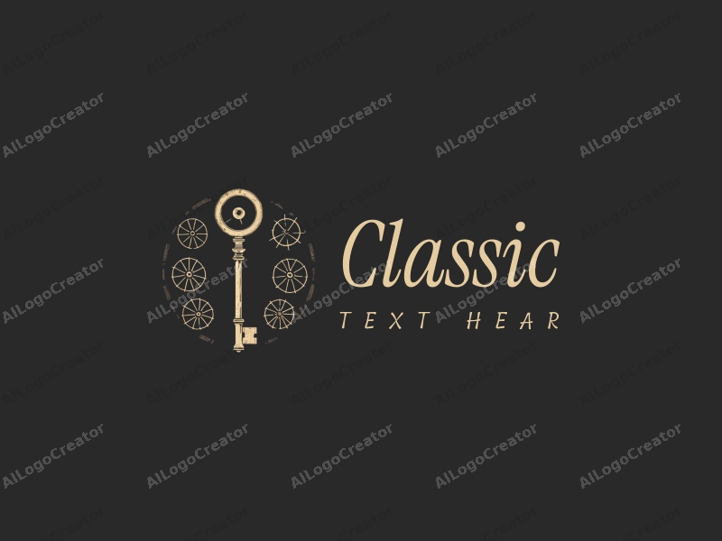 vintage design features classic wheels and a stylized key, combined with traditional elements and a clean, dark background.