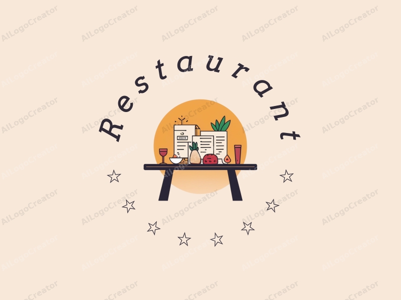 modern design features a stylized dining table and menu, with abstract representations of food and beverages, combined with a clean background.