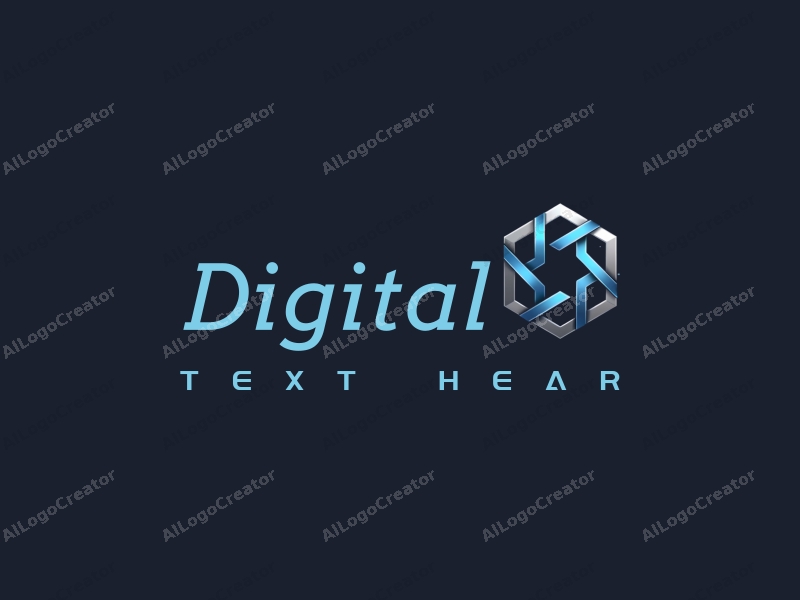 a modern minimalist design featuring hexagonal shapes, silver elements, and digital technology motifs combined with a clean blue and black background.