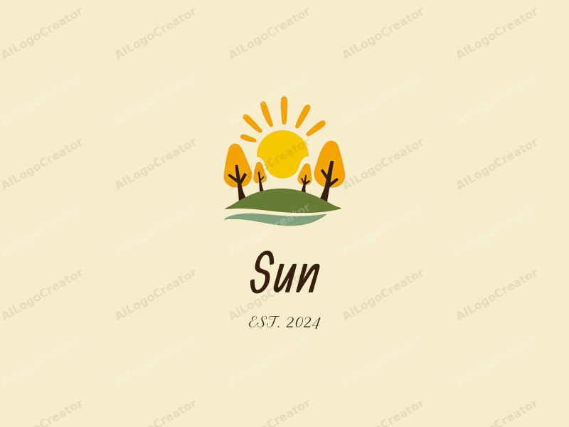 playful design features a stylized sun with rays of light, cheerful trees, and a vibrant yellow color scheme combined with a clean background.