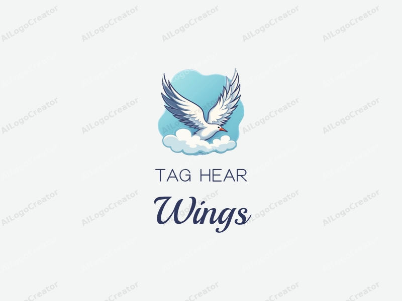 playful design features stylized wings and feathers soaring through fluffy clouds, combined with a clean blue background.