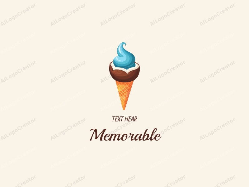 playful design features a stylized ice cream cone with a coconut on top, incorporating blue and orange colors, combined with a clean background.