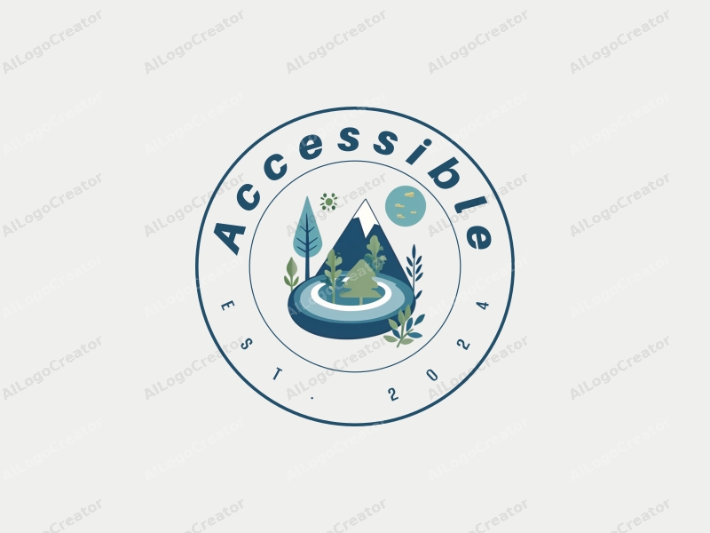 modern design features accessibility elements, inclusive design symbols, and adventure motifs combined with a clean background in blue and green tones.