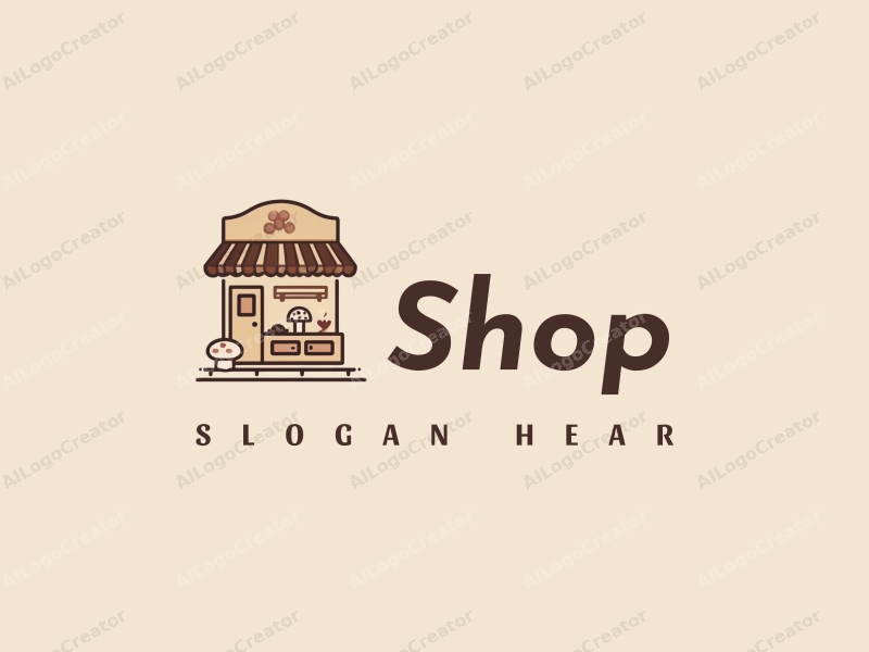 modern design features a stylized shop silhouette, a bakery element, and a mushroom motif combined with a clean background.