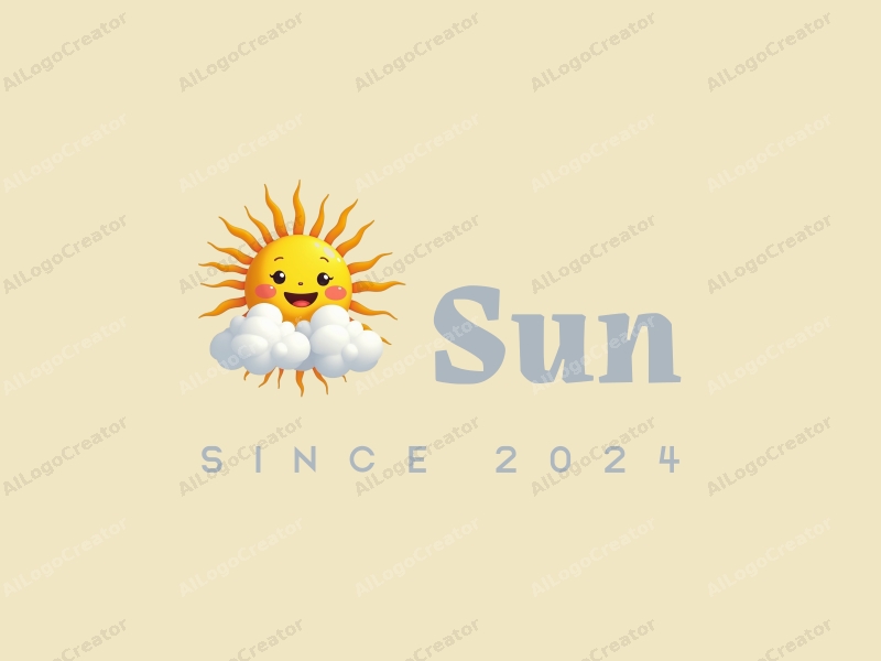 playful design features a bright yellow sun radiating light, a cheerful smiling face, and fluffy clouds, combined with a clean background.