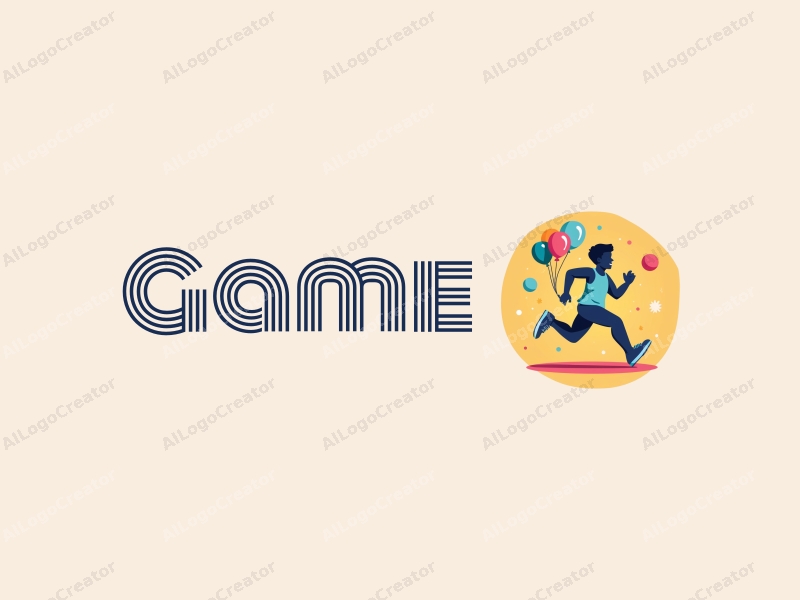 playful design features a dynamic runner silhouette, vibrant colorful balloons, and game and toy elements combined with a clean background.