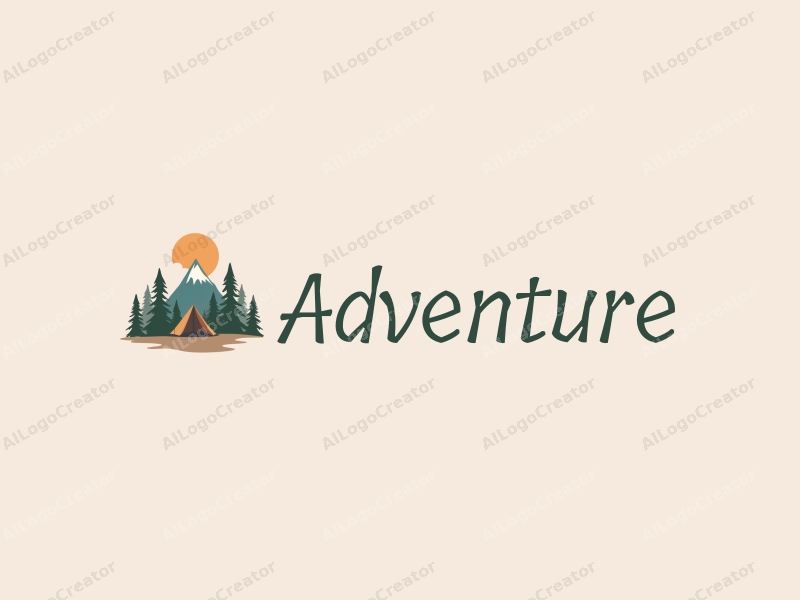 playful design features stylized mountains and trees, incorporating adventure elements with a clean background.