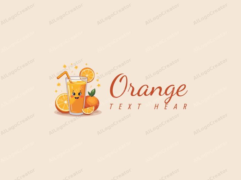 playful design features a stylized orange and juice splash, a cheerful drink cup with a straw, and vibrant orange slices arranged harmoniously against a clean background.