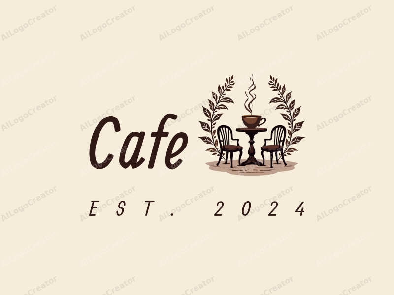 vintage design features a stylized coffee cup, elegant tables and chairs, and floral elements combined with a clean background.