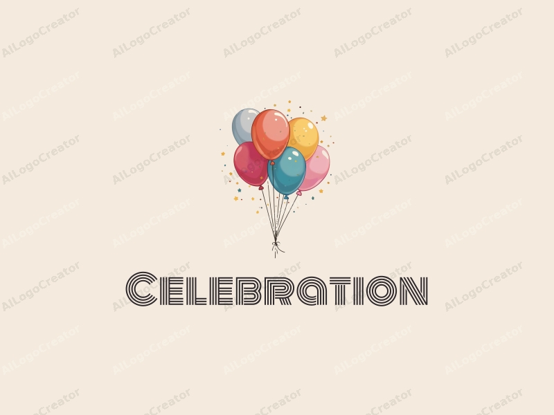 playful design features colorful balloons and streamers, a festive atmosphere with gold accents, combined with a clean background.