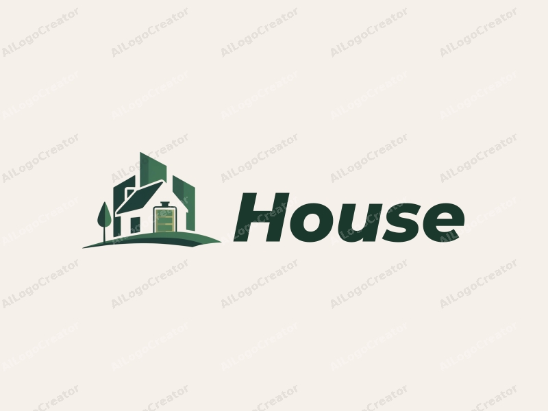 modern design features a stylized house and building silhouette, integrated with a smart battery symbol, emphasizing eco-friendliness, combined with a clean background.