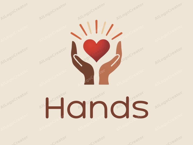 a modern design featuring a stylized hand gently holding a heart radiating light, using skin tone colors against a clean background.