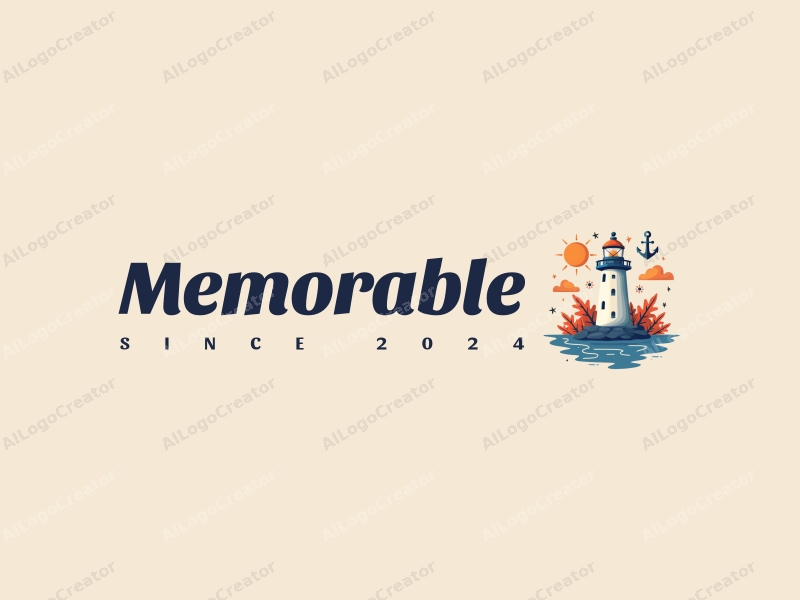 playful design features a stylized lighthouse, elements representing memories, and nautical symbols combined with a clean background in blue and orange colors.