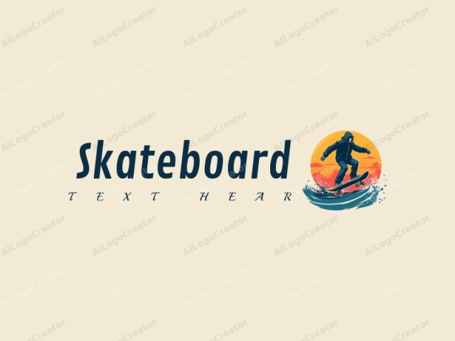 verspieltes Design mit einer lebhaften Skateboard-Silhouette, dynamischen Rädern und Surfmotiven, kombiniert mit einem sauberen Hintergrund.